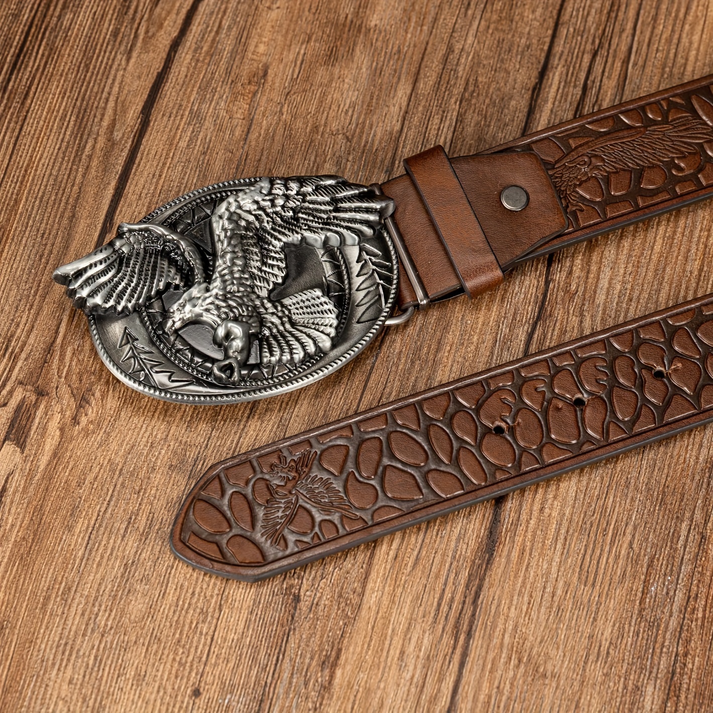 Large Oval Eagle Buckle Belt Embossed PU Leather